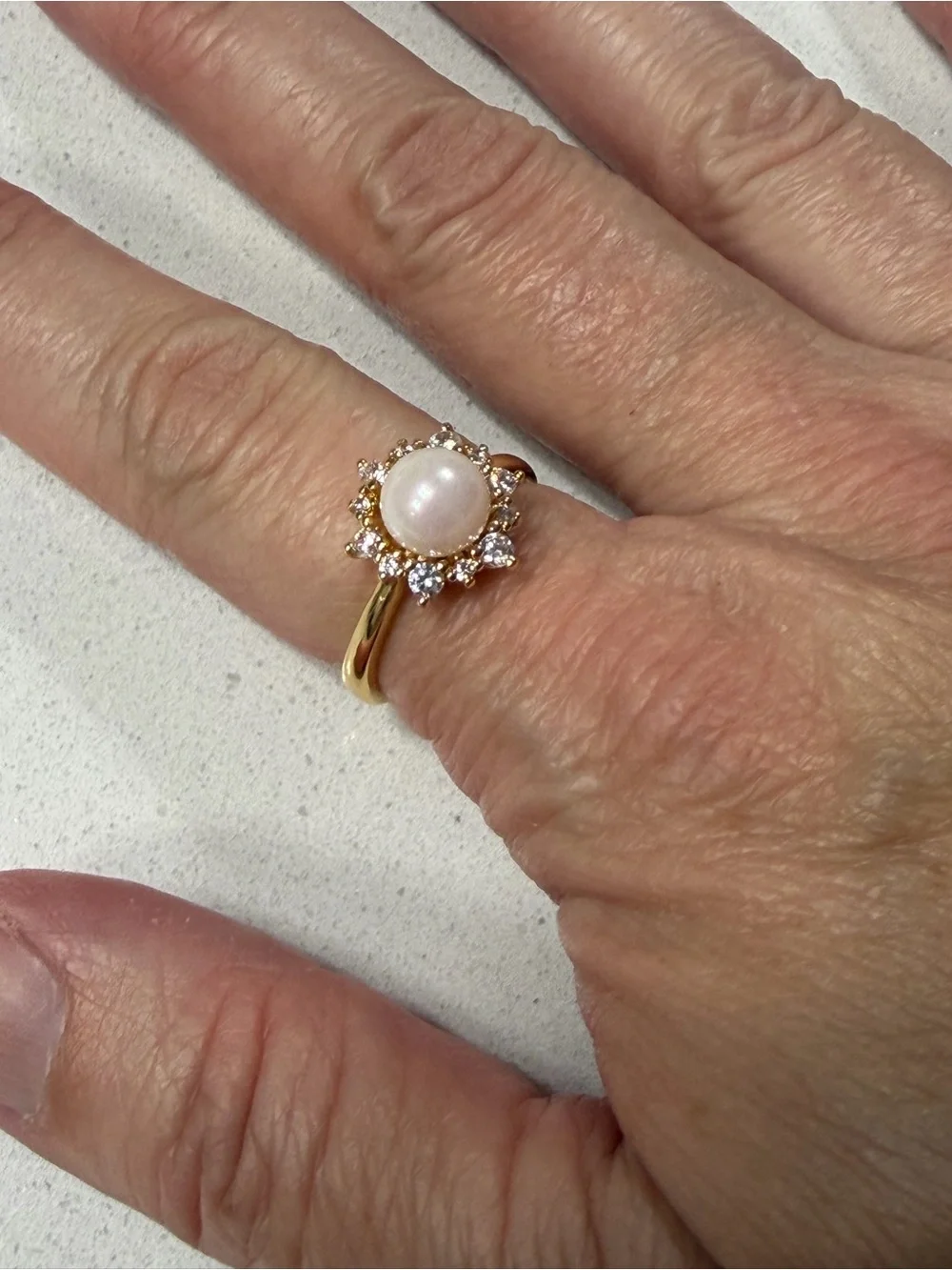 GoldOro Elegant Faux Pearl and AAA CZ Halo Ring